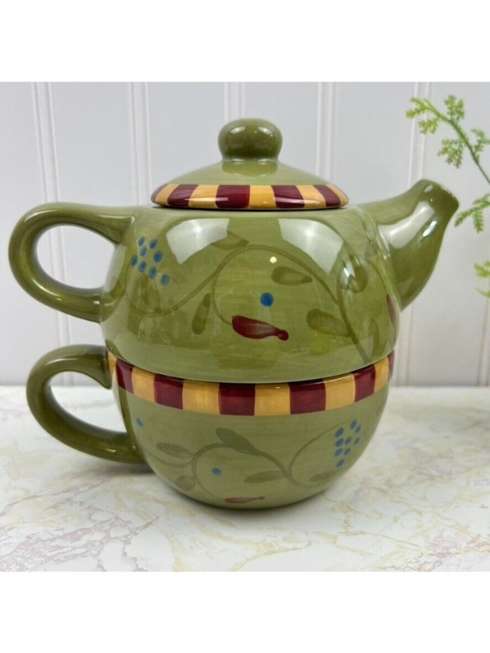 2002 Debbie Segura Designs Stackable Teapot With Cup Stoneware 8 Oz Green Olivia